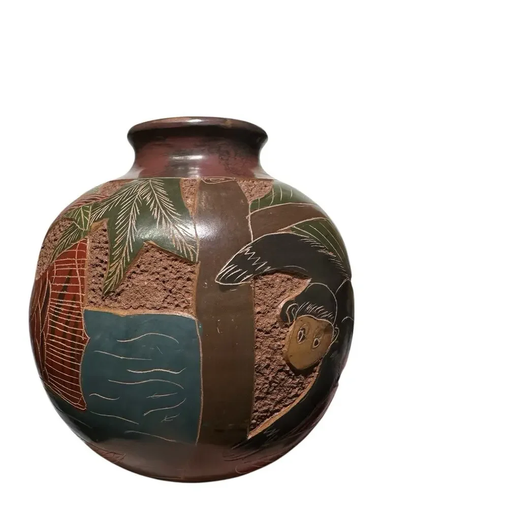 Nicaraguan Art Pottery Vase Hand Carved Monkey Butterfly